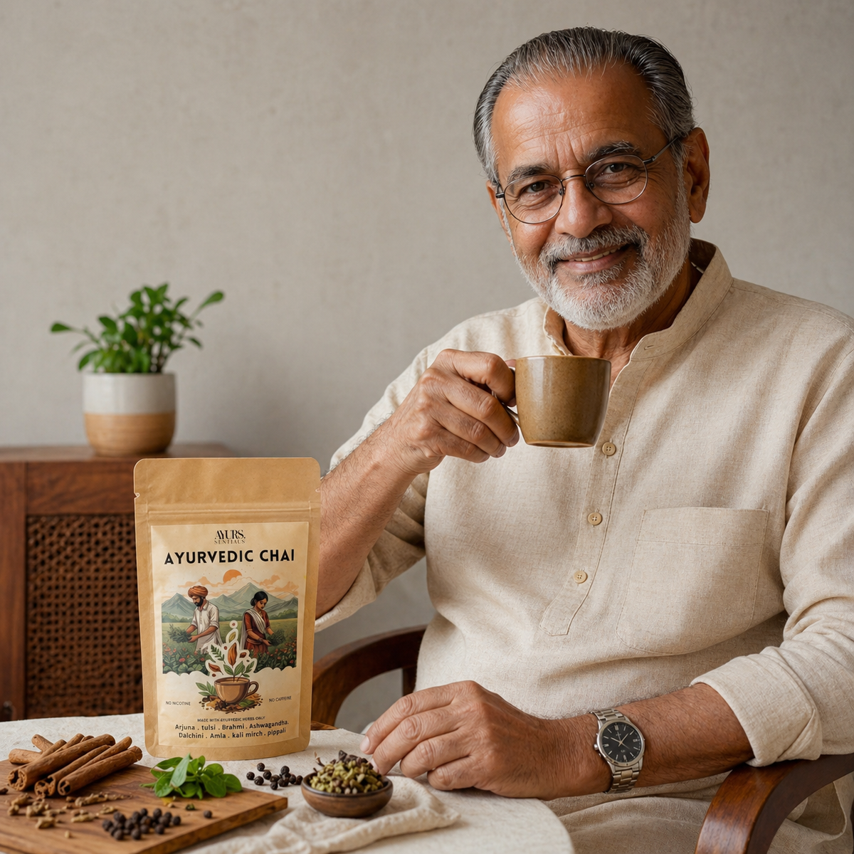 Ayurssentials herbal chai with herbs and a warm cup